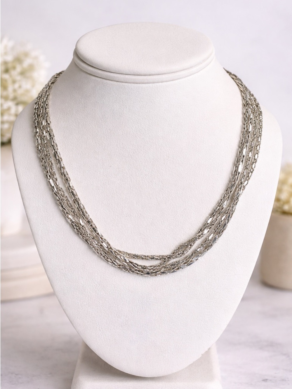 Silver Tone Multi Strand Chain Necklace Layered Textured Chains Adjustable